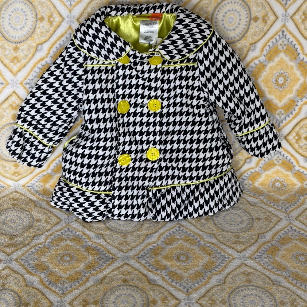 Penelope Mack Black and White Houndstooth Pea Coat with Yellow/Green Buttons